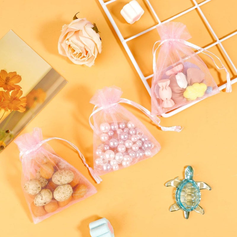 BOEIAC Organza Bags - 50Pcs Pink Sheer 4 x 6 Inch Jewelry Gift Pouches With Drawstring - Party Favor Mesh Mini Candy Bags for Wedding Valentine's Day - Image 3